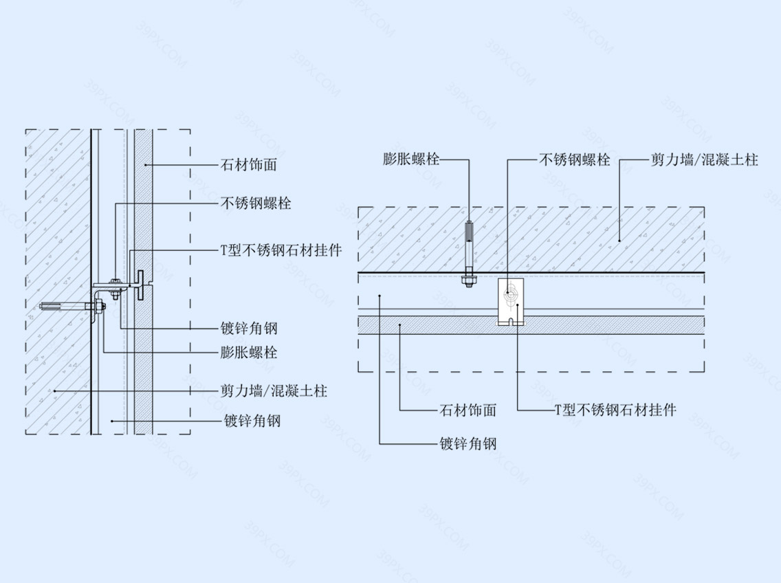石材干挂墙面节点图（剪力墙/柱子）竖剖+横剖