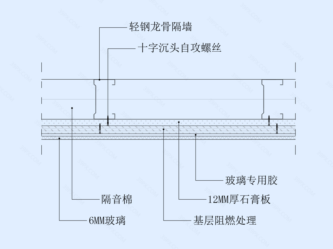 玻璃饰面墙面节点图(轻钢龙骨墙体)横剖