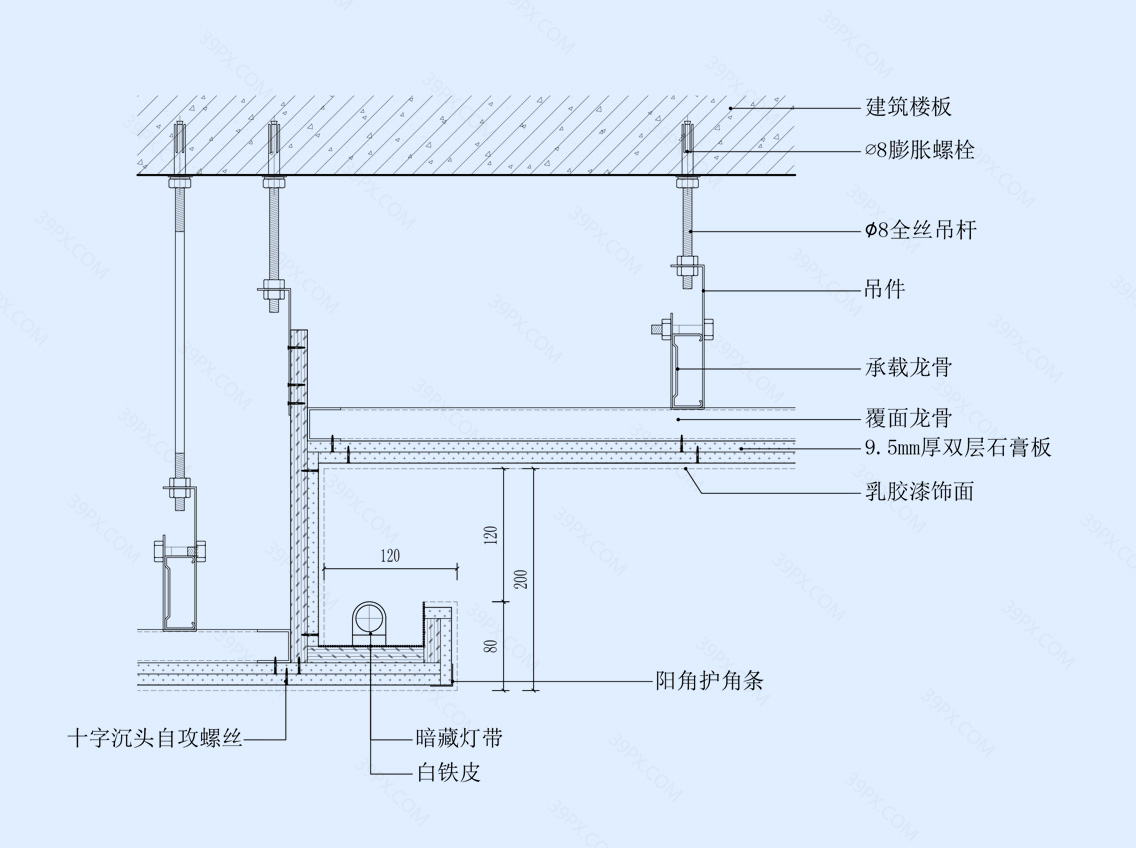 石膏板吊顶节点图(常规灯槽造型)