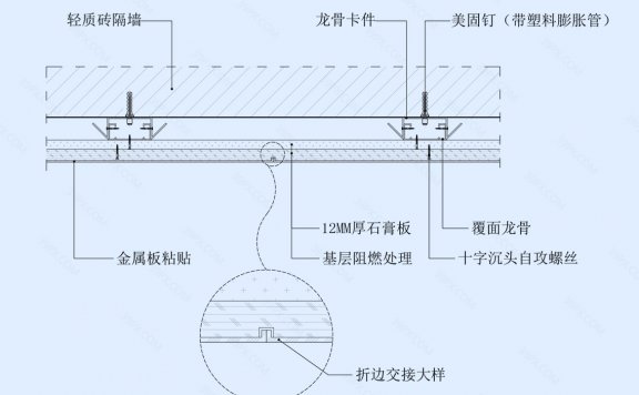 金属薄板粘贴墙面节点图(轻质砖墙体)横剖