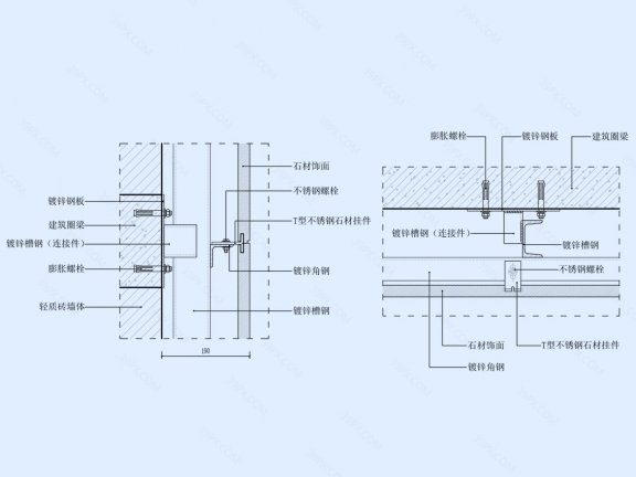 石材干挂墙面节点图（轻质砖墙体）竖剖+横剖