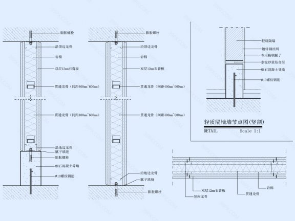 轻钢龙骨墙节点图(竖剖+横剖)
