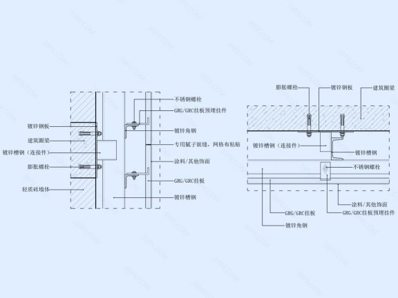 GRG/GRC挂板墙面节点图(轻质砖墙体)竖剖+横剖