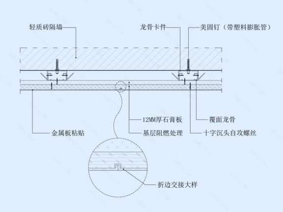 金属薄板粘贴墙面节点图（轻质砖墙体）横剖