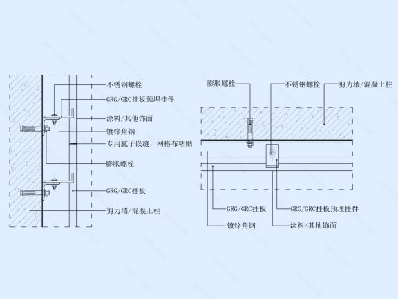GRG/GRC挂板墙面节点图(剪力墙/柱子)竖剖+横剖