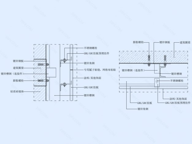 GRG/GRC挂板墙面节点图（轻质砖墙体）竖剖+横剖