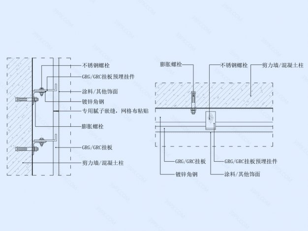 GRG/GRC挂板墙面节点图（剪力墙/柱子）竖剖+横剖