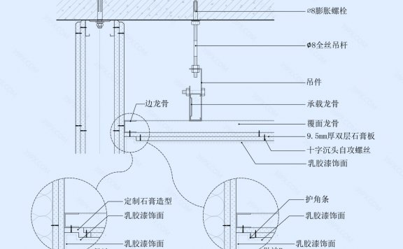 石膏板吊顶节点图（顶面墙角留缝造型）