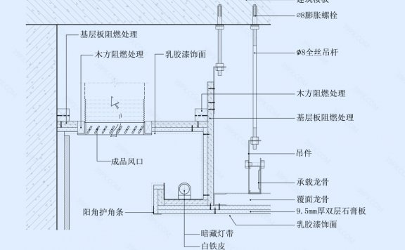 石膏板吊顶节点图（靠墙风口带灯槽造型）
