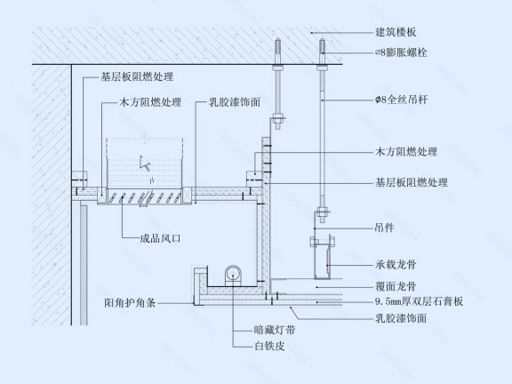 石膏板吊顶节点图（靠墙风口带灯槽造型）
