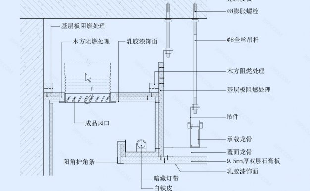 石膏板吊顶节点图（靠墙风口带灯槽造型）