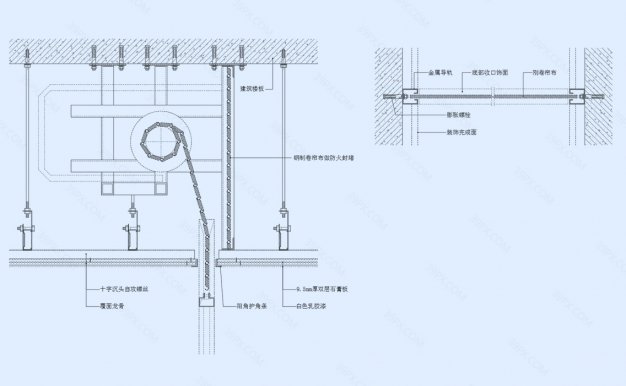 单轨钢制防火卷帘剖面图（竖剖+横剖）