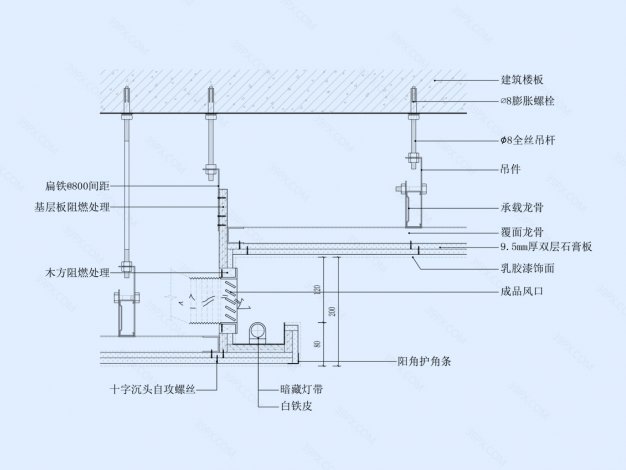 石膏板吊顶节点图（灯槽带风口造型）