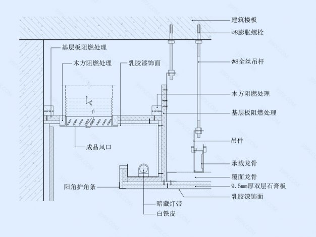 石膏板吊顶节点图（靠墙风口带灯槽造型）