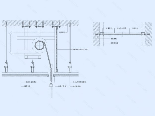 单轨钢制防火卷帘剖面图（竖剖+横剖）