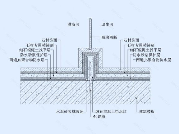 卫生间淋浴房挡水槛地坪节点图(铺法一)