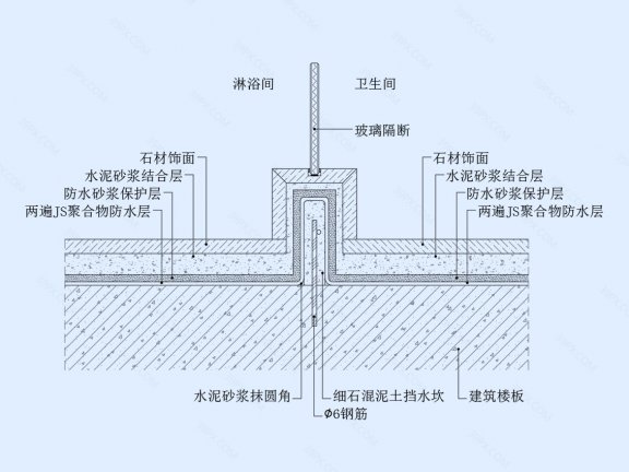 卫生间淋浴房挡水槛地坪节点图(铺法二)