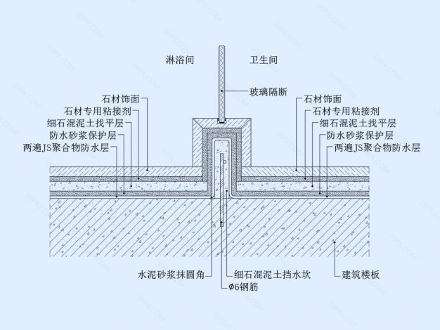 卫生间淋浴房挡水槛地坪节点图（铺法一）
