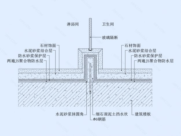 卫生间淋浴房挡水槛地坪节点图（铺法二）