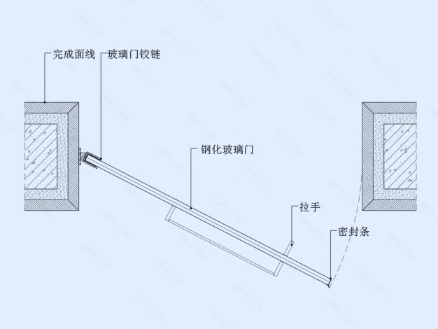 玻璃铰链门节点图（固定墙面）（横剖）